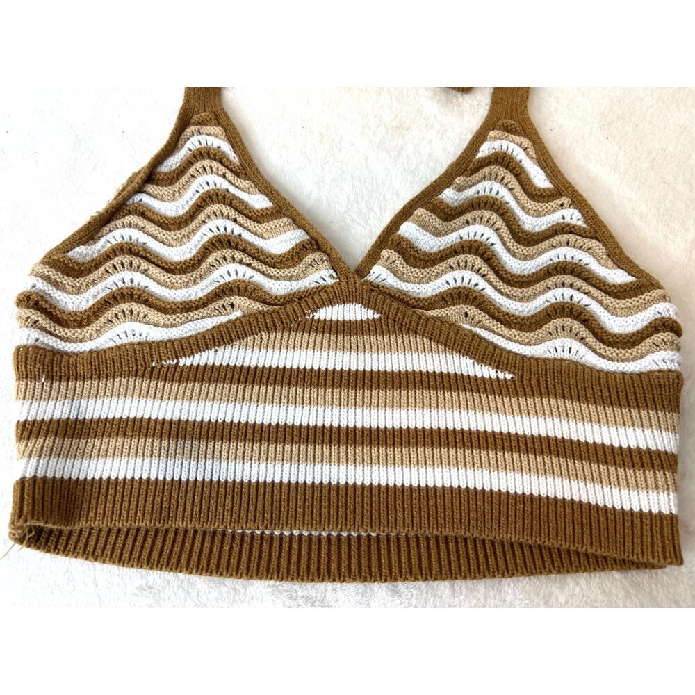 No Boundaries Crochet Halter Crop Top Brown S Boho Festival Knit Bralette Y2K - Picture 3 of 5